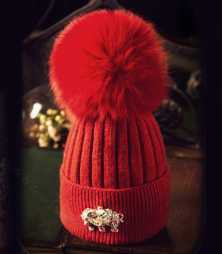 Fashion Women Diamond Elephant Knitted Wool Hats Winter Fox Fur Pom Poms Caps - Red