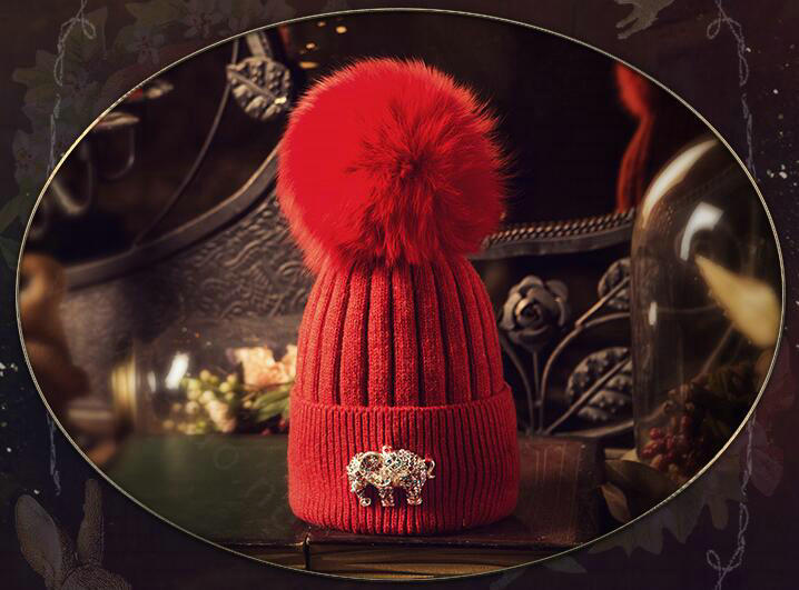 Fashion Women Diamond Elephant Knitted Wool Hats Winter Fox Fur Pom Poms Caps - Red