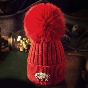 Fashion Women Diamond Elephant Knitted Wool Hats Winter Fox Fur Pom Poms Caps - Red