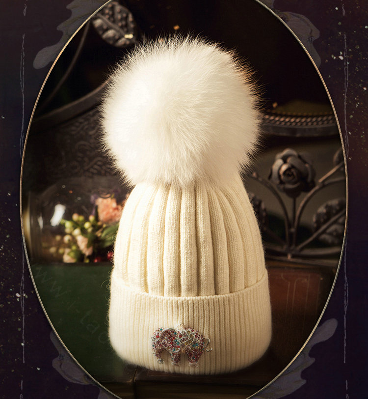 Fashion Women Diamond Elephant Knitted Wool Hats Winter Fox Fur Pom Poms Caps - White