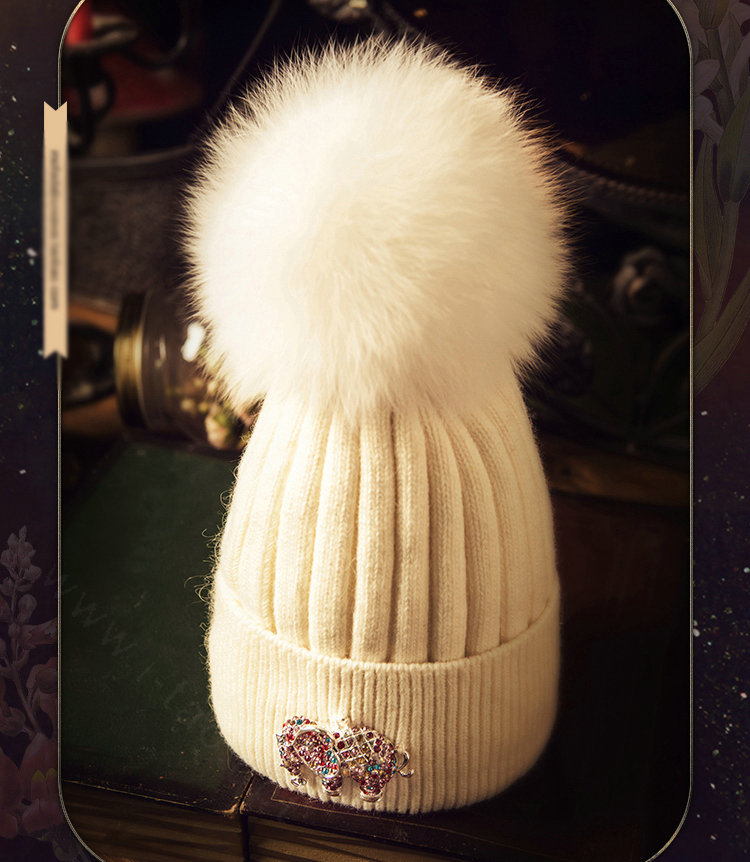 Fashion Women Diamond Elephant Knitted Wool Hats Winter Fox Fur Pom Poms Caps - White