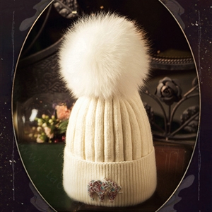 Fashion Women Diamond Elephant Knitted Wool Hats Winter Fox Fur Pom Poms Caps - White