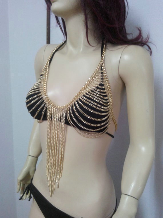 Fashion Women Sexy Body Chain Bra Slave Harness Necklace Tassel Jewelry - Gold