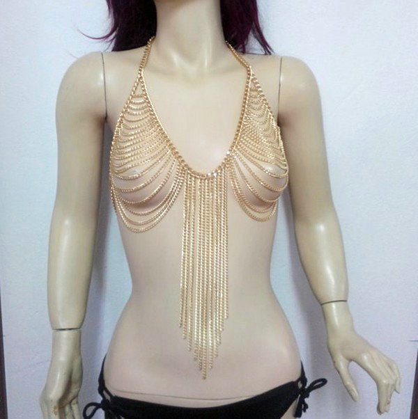 Fashion Women Sexy Body Chain Bra Slave Harness Necklace Tassel Jewelry - Gold