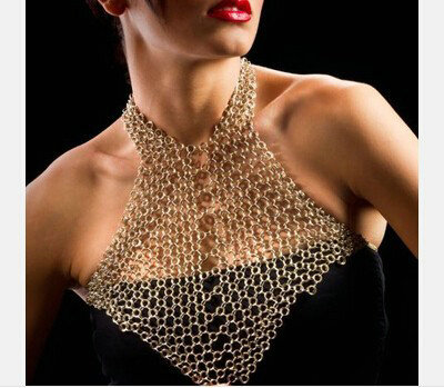 Fringe Bib Shoulder Necklace Mesh Body Chain Bikini Harness Punk Slave Jewelry - Gold