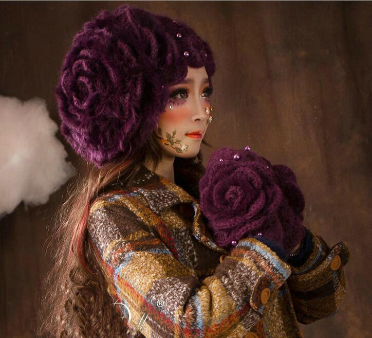 Gorgeous Knitted Wool Hats Women Winter Warm Sweet Rabbit Fur Flower Pearl Beret Caps - Purple
