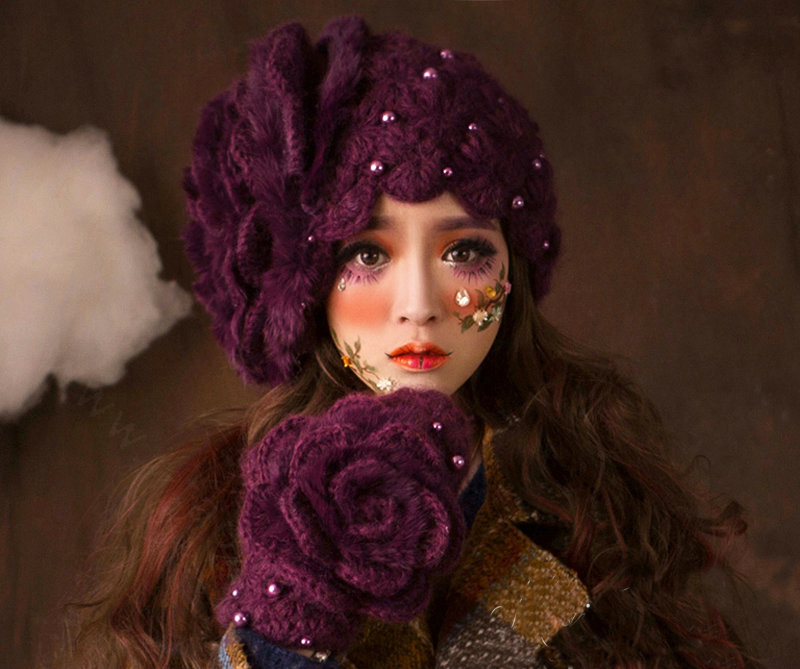 Gorgeous Knitted Wool Hats Women Winter Warm Sweet Rabbit Fur Flower Pearl Beret Caps - Purple