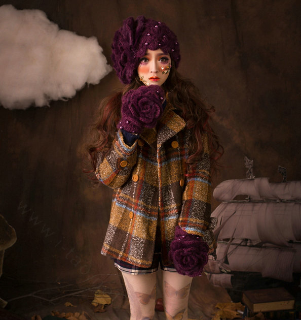 Gorgeous Knitted Wool Hats Women Winter Warm Sweet Rabbit Fur Flower Pearl Beret Caps - Purple