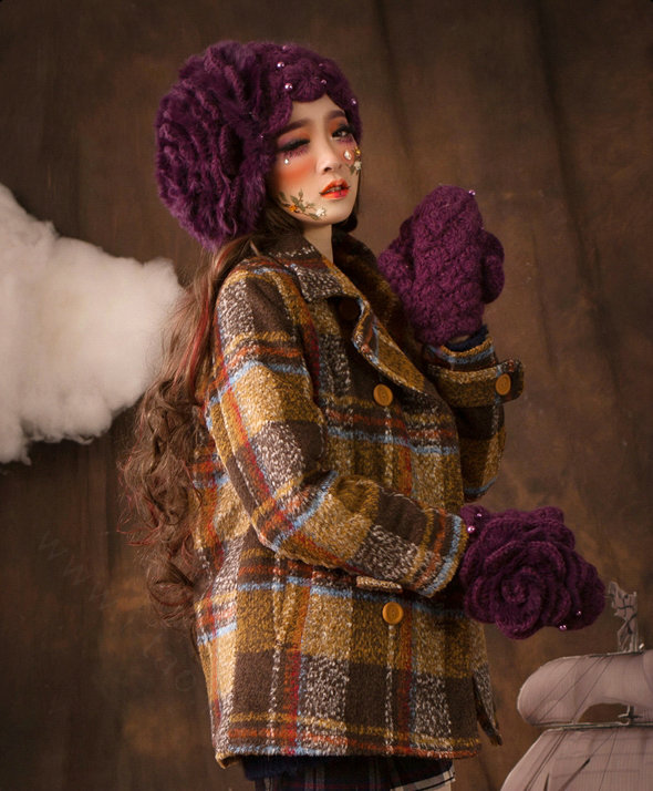 Gorgeous Knitted Wool Hats Women Winter Warm Sweet Rabbit Fur Flower Pearl Beret Caps - Purple