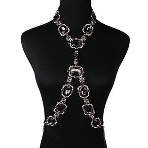 Gorgeous Rhinestone Flower Collar Pendant Necklace Dress Decro Body Chains Jewelry - Black