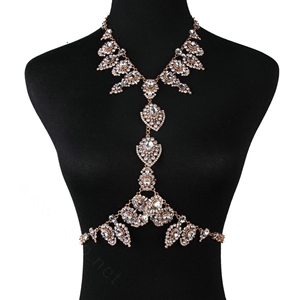 Gorgeous Rhinestone Flower Collar Pendant Necklace Dress Decro Body Chains Jewelry - Gold