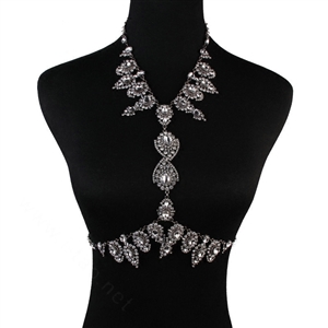 Gorgeous Rhinestone Flower Collar Pendant Necklace Dress Decro Body Chains Jewelry - White