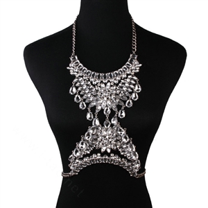 Gorgeous Rhinestone Flower Waterdrops Pendant Necklace Dress Decro Body Chains Jewelry - White