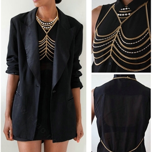 HOT SALE Pearl Necklace Layers Bikini Breast Bra Body Chains Jewelry - Gold