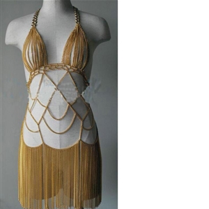 Halter Bra Lingerie Sexy Showgirl Exotic Tassel Necklace Dress Full Body Chain Jewelry - Gold