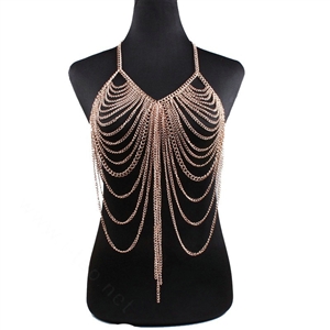 Halter Heavy Tassel Choker Necklace Exotic Bra Harness Slave Full Body Chain Jewelry - Gold