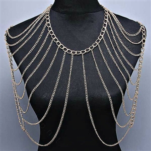 Halter Lingerie Calssic Showgirl Harness Slave Chain Shoulder Necklace Jewelry - Gold