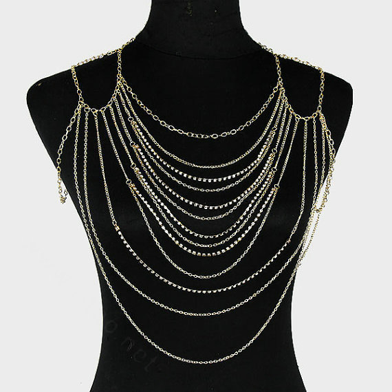 Halter Lingerie Sexy Showgirl Harness Slave Chain Shoulder Necklace Jewelry - Gold