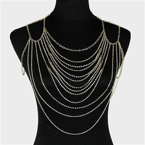 Halter Lingerie Sexy Showgirl Harness Slave Chain Shoulder Necklace Jewelry - Gold