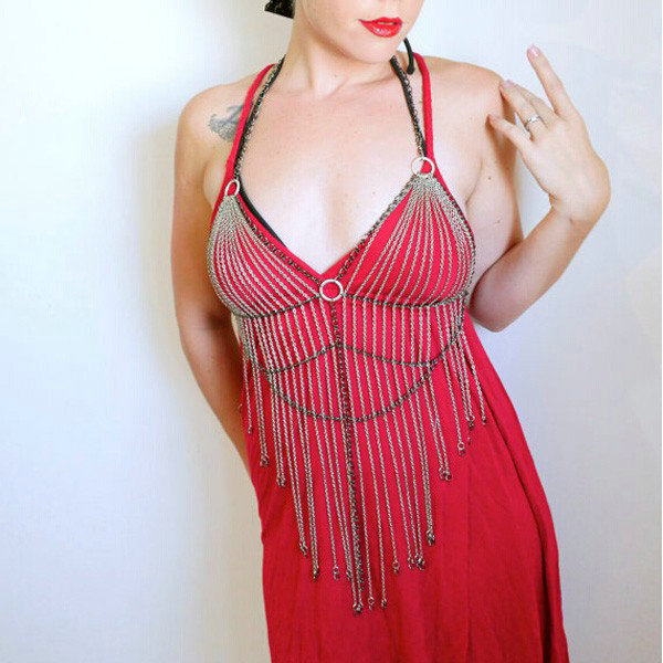 Halter Sexy Showgirl Choker Necklace Exotic Bra Harness Slave Full Body Chain Jewelry - Gold
