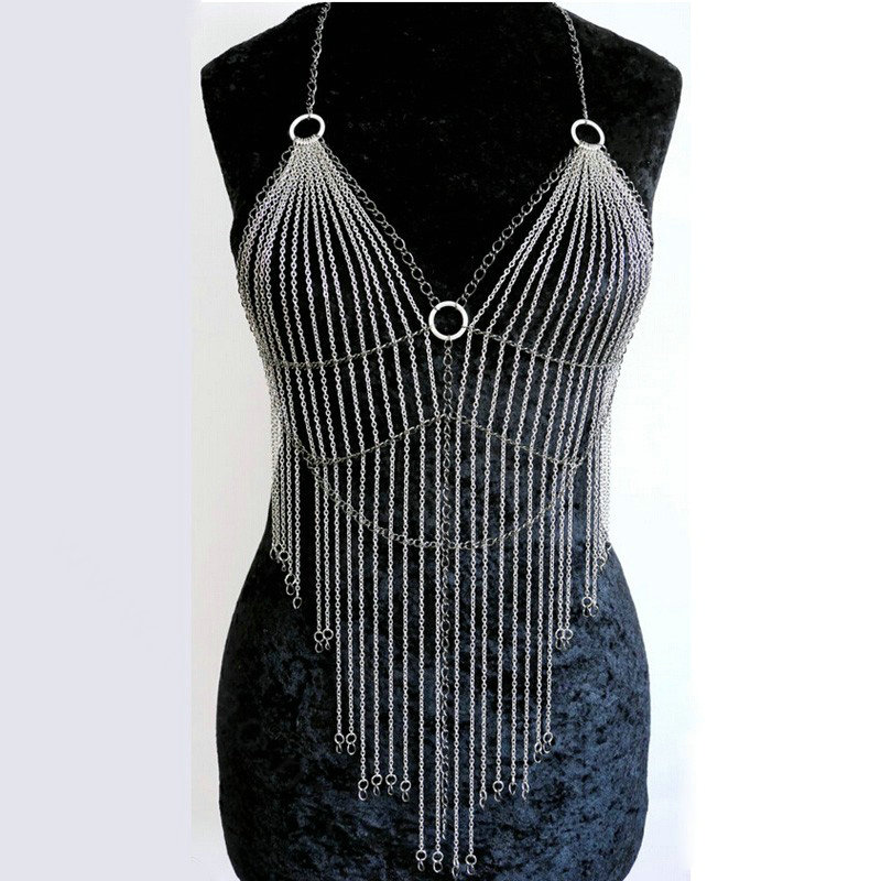 Halter Sexy Showgirl Choker Necklace Exotic Bra Harness Slave Full Body Chain Jewelry - Gold