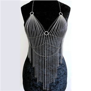 Halter Sexy Showgirl Choker Necklace Exotic Bra Harness Slave Full Body Chain Jewelry - Silver