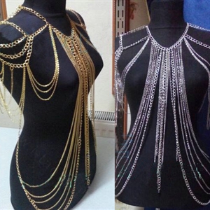 Halter Sexy Showgirl Shoulder Necklace Harness Slave Full Body Chain Jewelry - Gold