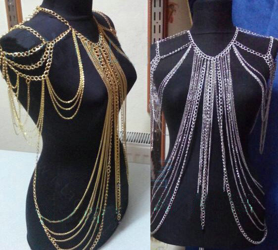 Halter Sexy Showgirl Shoulder Necklace Harness Slave Full Body Chain Jewelry - Sliver
