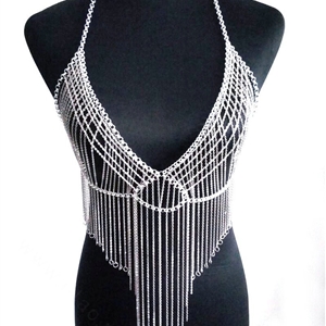 Halter Sexy Tassel Choker Necklace Exotic Bra Harness Slave Full Body Chain Jewelry - Gold