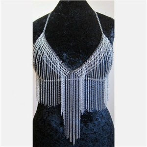 Halter Sexy Tassel Choker Necklace Exotic Bra Harness Slave Full Body Chain Jewelry - Sliver