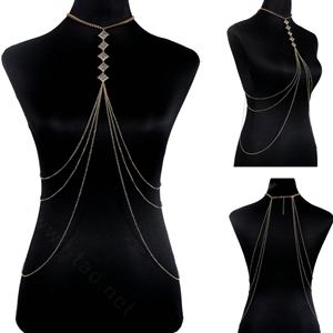 Halter Simple Showgirl Choker Necklace Exotic Bra Harness Slave Full Body Chain Jewelry - Gold