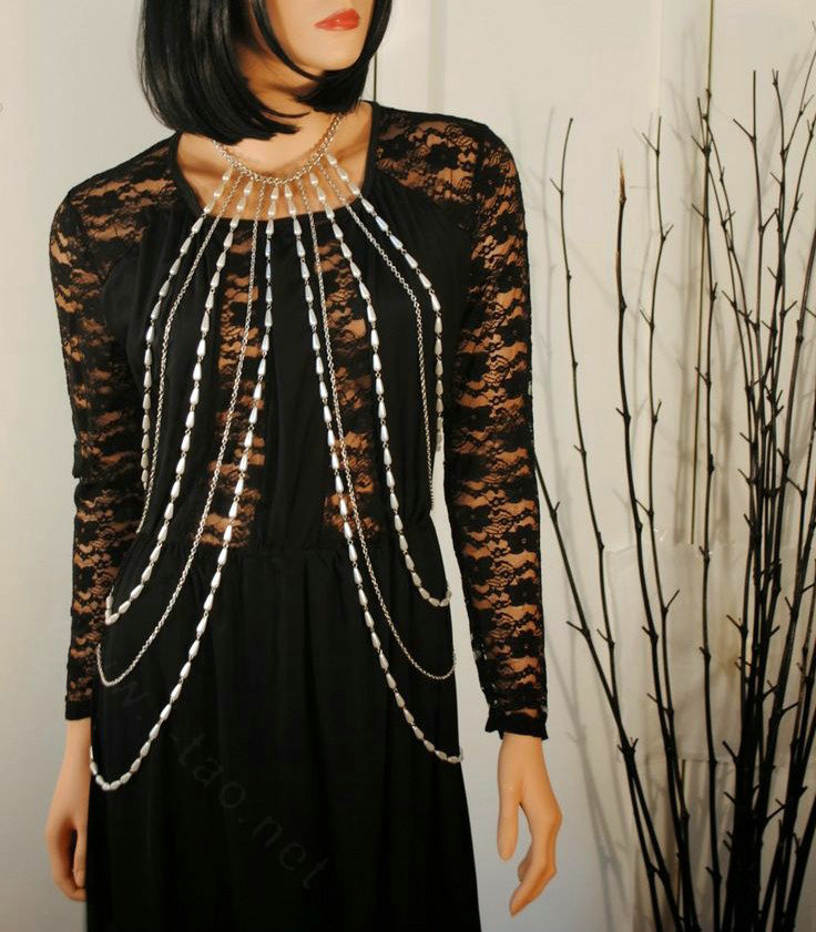 Hot Fashion Women Full Body Chain Pearl Choker Necklace Slave Belly Harness Jewelry - Gold