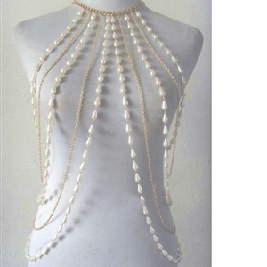 Hot Fashion Women Full Body Chain Pearl Choker Necklace Slave Belly Harness Jewelry - Gold