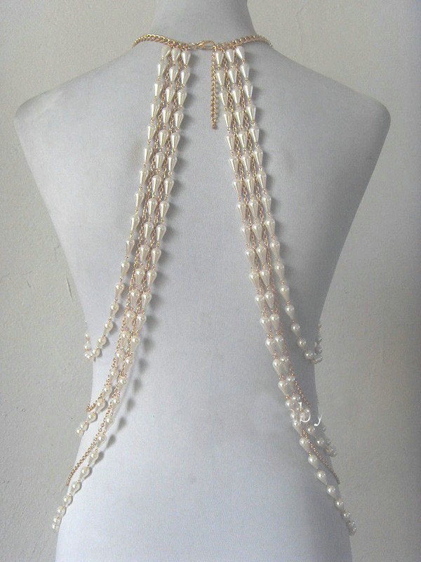 Hot Fashion Women Full Body Chain Pearl Choker Necklace Slave Belly Harness Jewelry - Silver