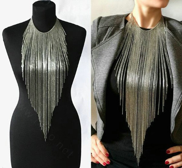 Hot Sales Long Tassel Choker Necklace Showgirl Punk Dress Decor Jewelry - Sliver