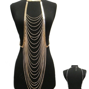 Hot Sexy Body Chain Alloy Punk Bikini Bra Slave Harness Long Bib Necklace Jewelry - Gold