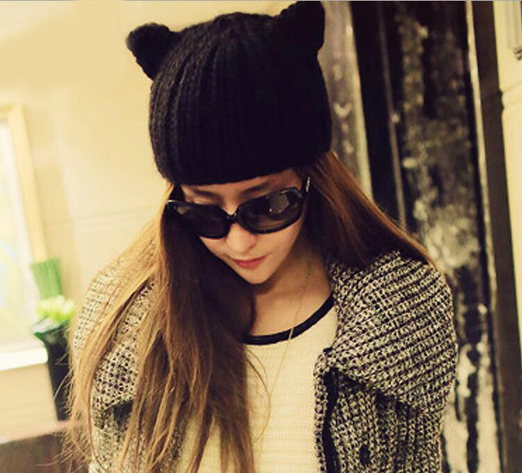 Lovely Girls Devil Horns Cat Ears Knitted Wool Hats Winter Warm Beanies Caps - Black