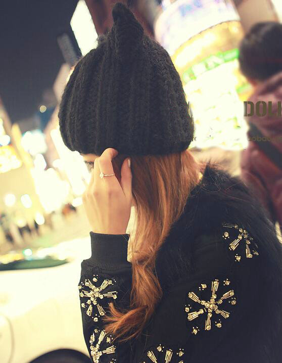 Lovely Girls Devil Horns Cat Ears Knitted Wool Hats Winter Warm Beanies Caps - Black