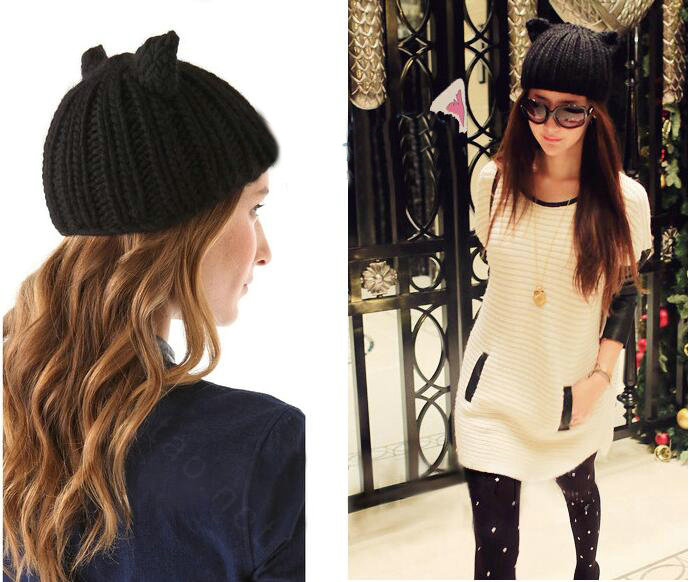 Lovely Girls Devil Horns Cat Ears Knitted Wool Hats Winter Warm Beanies Caps - Black