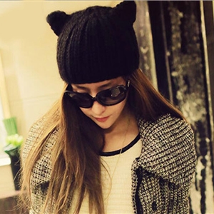 Lovely Girls Devil Horns Cat Ears Knitted Wool Hats Winter Warm Beanies Caps - Black