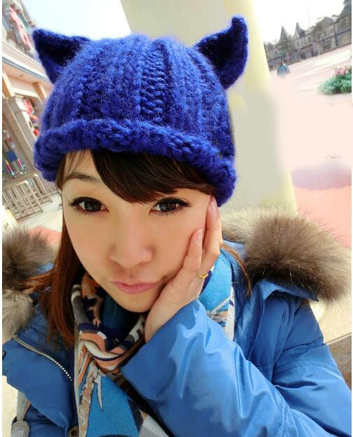 Lovely Girls Devil Horns Cat Ears Knitted Wool Hats Winter Warm Beanies Caps - Blue