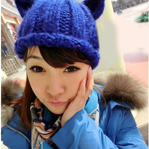 Lovely Girls Devil Horns Cat Ears Knitted Wool Hats Winter Warm Beanies Caps - Blue