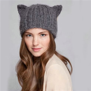 Lovely Girls Devil Horns Cat Ears Knitted Wool Hats Winter Warm Beanies Caps - Gray