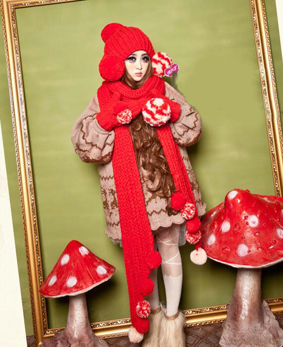 Lovely Merry Christmas Fur Ball Knitted Wool Beanies Caps Women Winter Warm Hats - Red