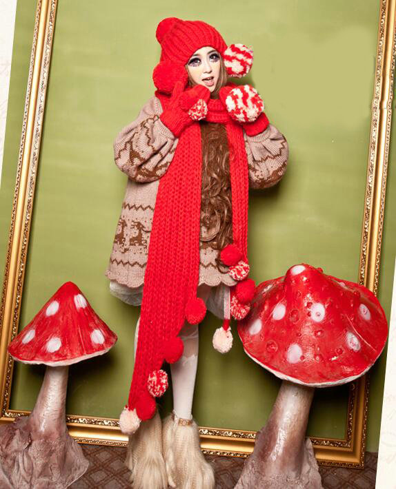 Lovely Merry Christmas Fur Ball Knitted Wool Beanies Caps Women Winter Warm Hats - Red