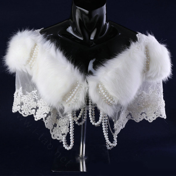Luxury Beaded Lace Faux Rabbit Fur Bridal Shawls Women Winter Warm Wraps Cape - White