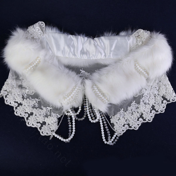 Luxury Beaded Lace Faux Rabbit Fur Bridal Shawls Women Winter Warm Wraps Cape - White