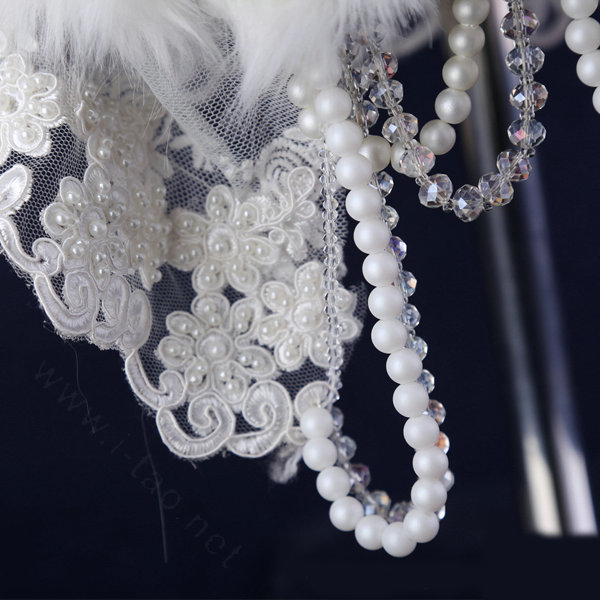 Luxury Beaded Lace Faux Rabbit Fur Bridal Shawls Women Winter Warm Wraps Cape - White