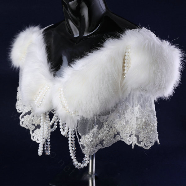 Luxury Beaded Lace Faux Rabbit Fur Bridal Shawls Women Winter Warm Wraps Cape - White