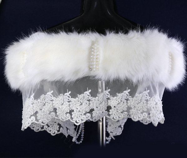 Luxury Beaded Lace Faux Rabbit Fur Bridal Shawls Women Winter Warm Wraps Cape - White